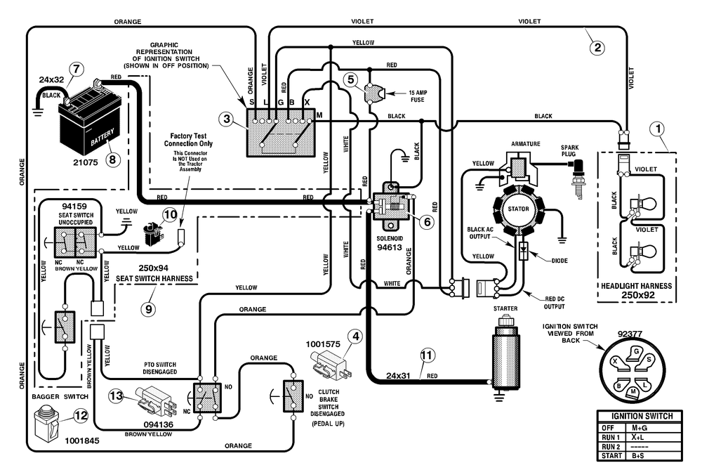 Electrical System Diagram and Parts List for 312002X98B 2004 Briggs and Stratton Lawn Tractor